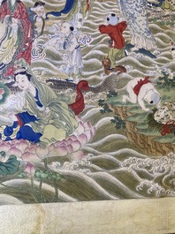 Chinese school, ink and color on canvas: 'Mountainous landscape with goddesses, mythical animals and boys', 19/20th C.